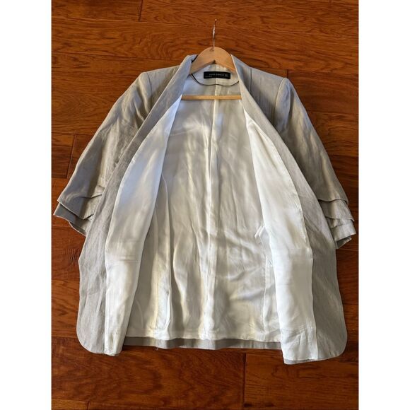 Zara Woman Beige Linen Blazer Jacket Women’s Size L – Ruched Sleeve Open Front - Picture 7 of 14
